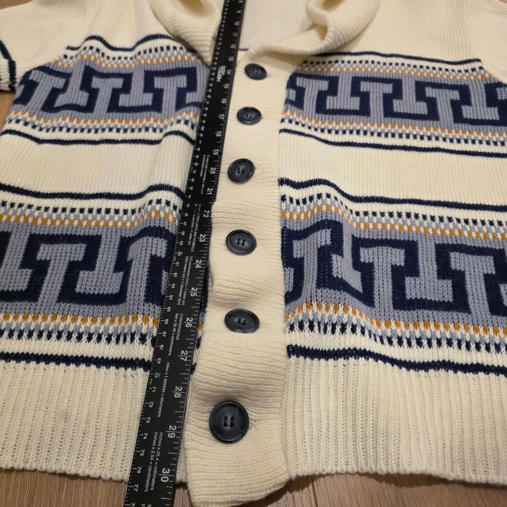 Vintage Sarby Sportswear Greek Key Shawl Collar Cardigan Mens L Cream Blue Heavy - Picture 10 of 11